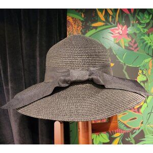 Furtalk Women's Wide Brim Black Straw Sun Hat With Bow Tie Ribbon